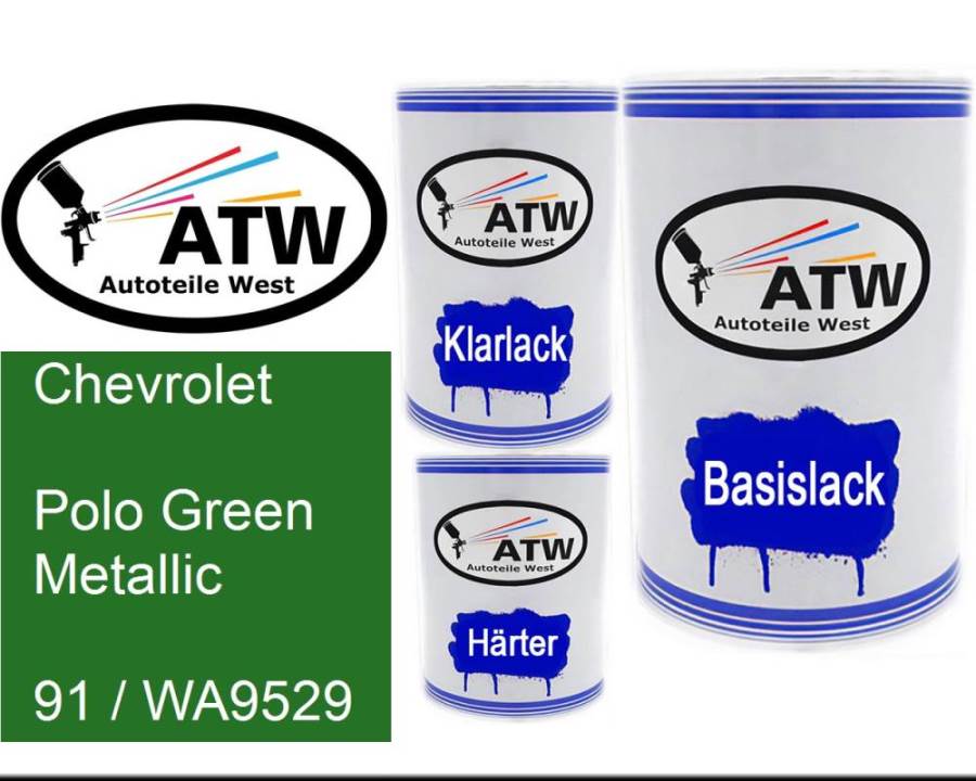 Chevrolet, Polo Green Metallic, 91 / WA9529: 500ml Lackdose + 500ml Klarlack + 250ml Härter - Set, von ATW Autoteile West.